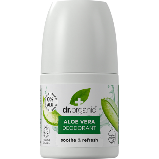 Dr Organic 50ml roll-on deodorant with aloe vera for sensitive skin, featuring a white bottle and green leaf graphics.