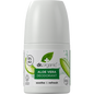 Dr Organic 50ml roll-on deodorant with aloe vera for sensitive skin, featuring a white bottle and green leaf graphics.