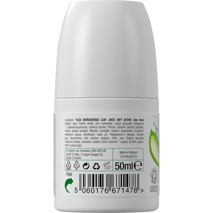Back of Dr Organic Aloe Vera roll-on deodorant bottle showing ingredient details and directions for use.