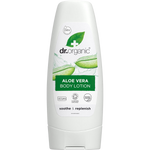 200ml tube of Dr Organic Aloe Vera Body Lotion with a green flip-top cap and botanical illustrations.