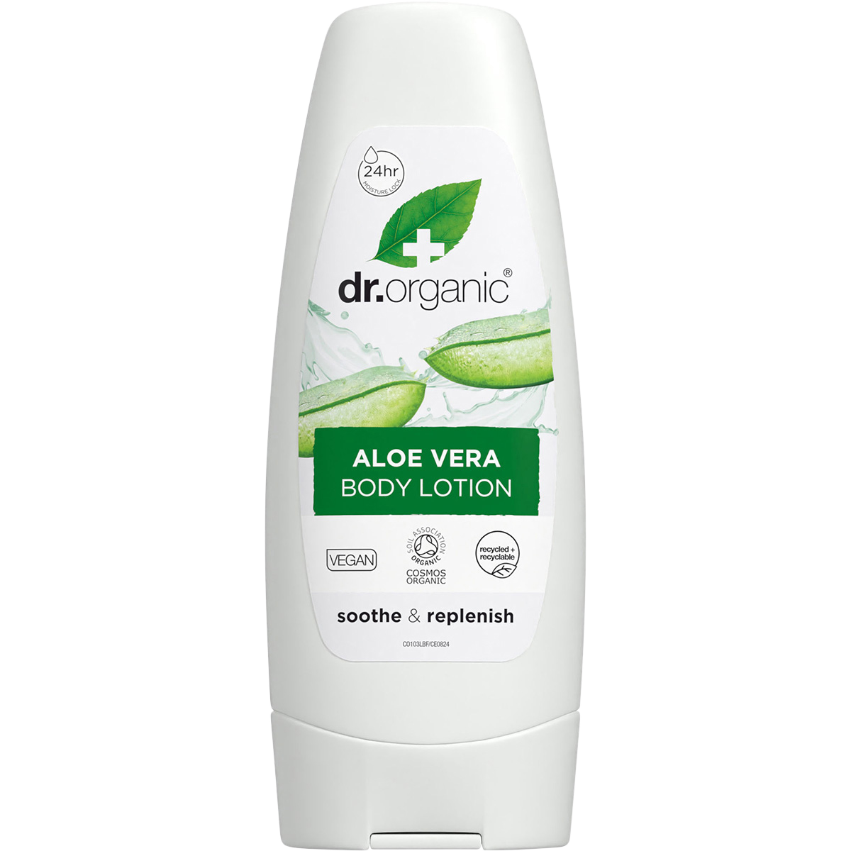 200ml tube of Dr Organic Aloe Vera Body Lotion with a green flip-top cap and botanical illustrations.