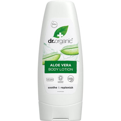 200ml tube of Dr Organic Aloe Vera Body Lotion with a green flip-top cap and botanical illustrations.