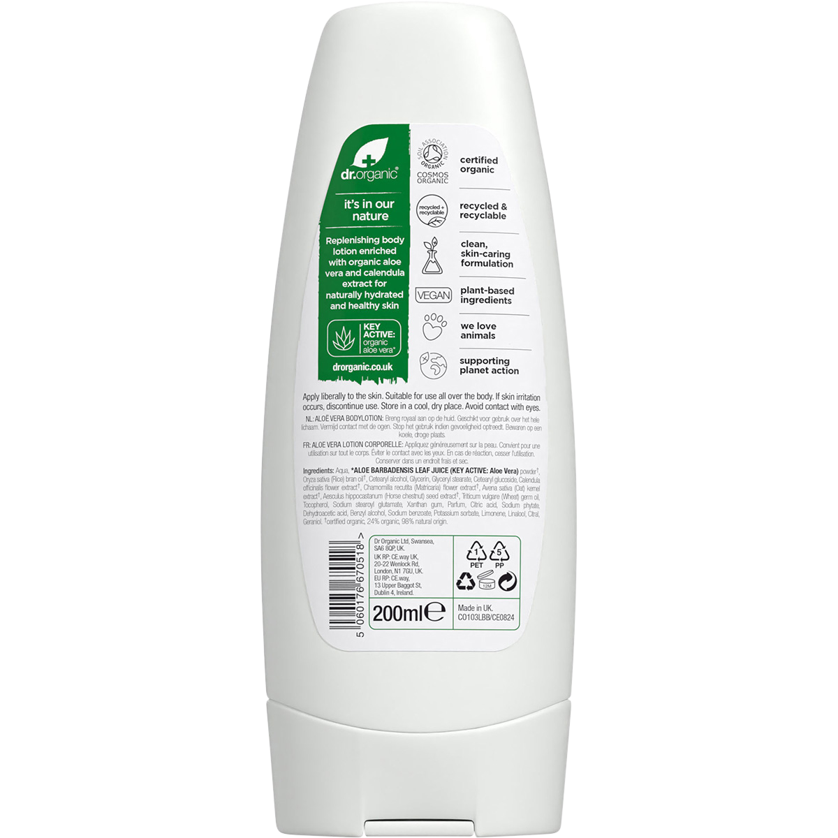 Back of 200ml Dr Organic Aloe Vera Body Lotion tube with ingredients and directions on a white background.