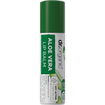 Dr Organic Aloe Vera Lip Balm SPF 15 in a 5.7ml green and white tube for soothing and hydrating dry lips.