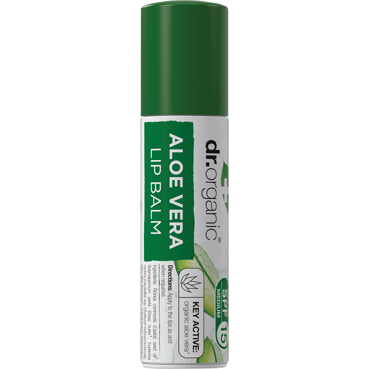 Dr Organic Aloe Vera Lip Balm SPF 15 in a 5.7ml green and white tube for soothing and hydrating dry lips.