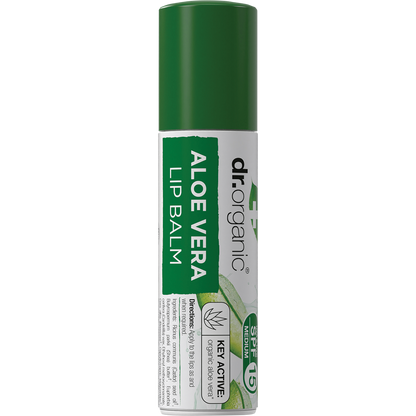 Dr Organic Aloe Vera Lip Balm SPF 15 in a 5.7ml green and white tube for soothing and hydrating dry lips.
