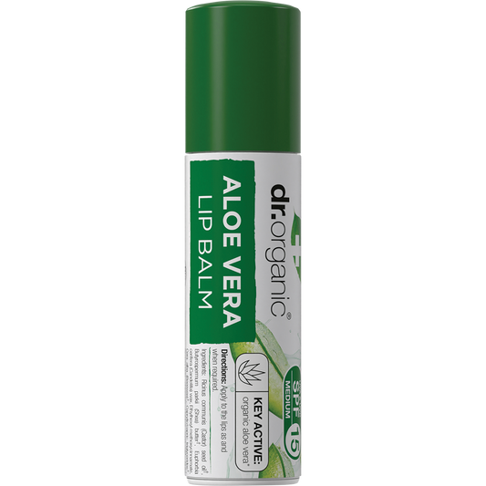 Dr Organic Aloe Vera Lip Balm SPF 15 in a 5.7ml green and white tube for soothing and hydrating dry lips.