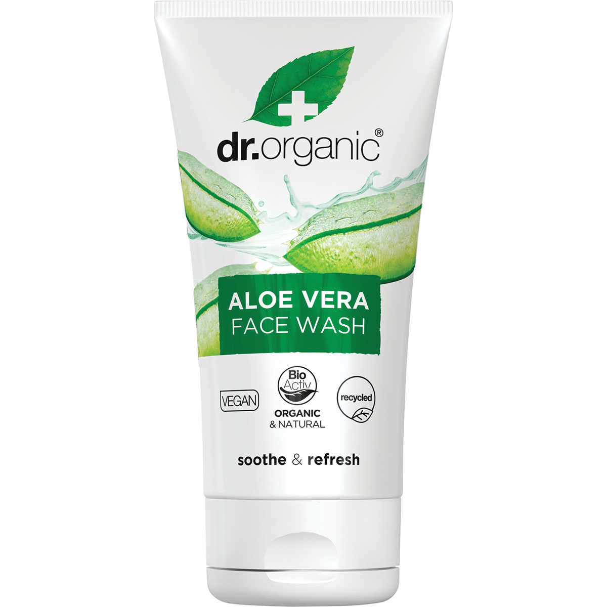 White 150ml tube of Dr Organic Aloe Vera Face Wash with green aloe vera leaf graphics and a green flip-top lid.