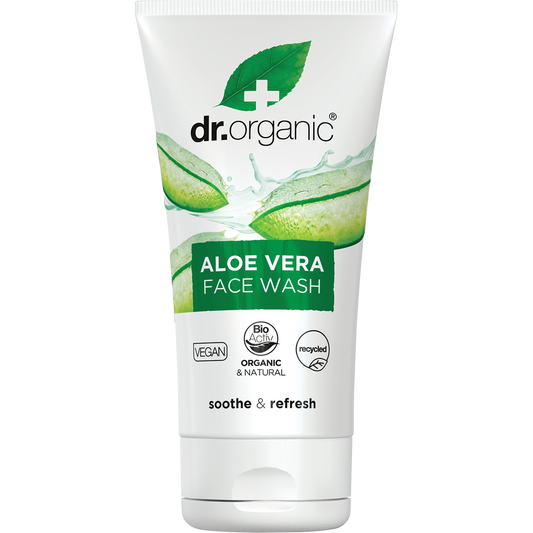 White 150ml tube of Dr Organic Aloe Vera Face Wash with green aloe vera leaf graphics and a green flip-top lid.