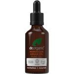 50ml bottle of Dr Organic Pure Moroccan Argan Oil with a dropper lid, featuring a white and gold label.