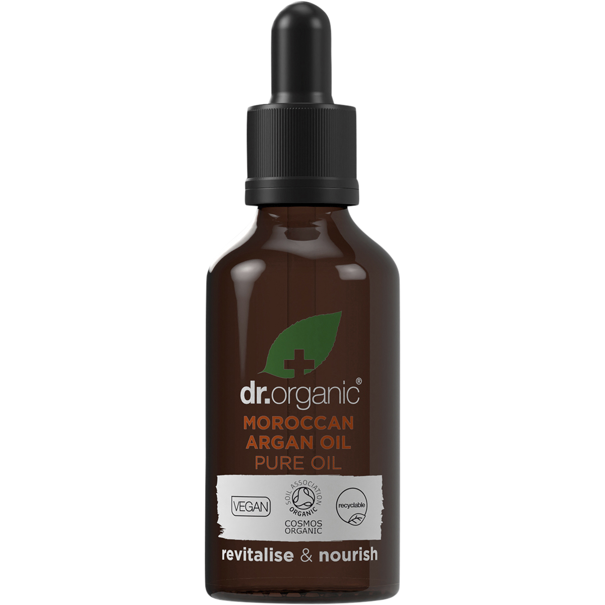 50ml bottle of Dr Organic Pure Moroccan Argan Oil with a dropper lid, featuring a white and gold label.