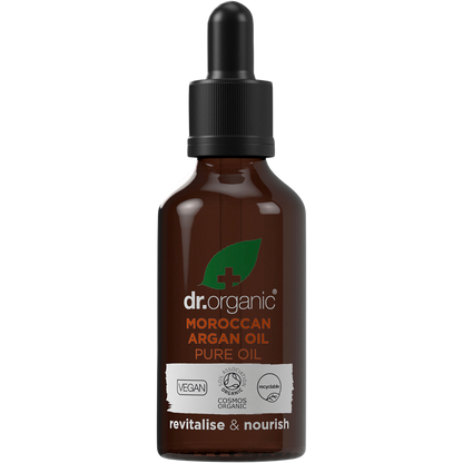 50ml bottle of Dr Organic Pure Moroccan Argan Oil with a dropper lid, featuring a white and gold label.
