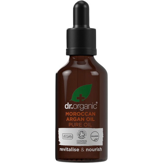 50ml bottle of Dr Organic Pure Moroccan Argan Oil with a dropper lid, featuring a white and gold label.