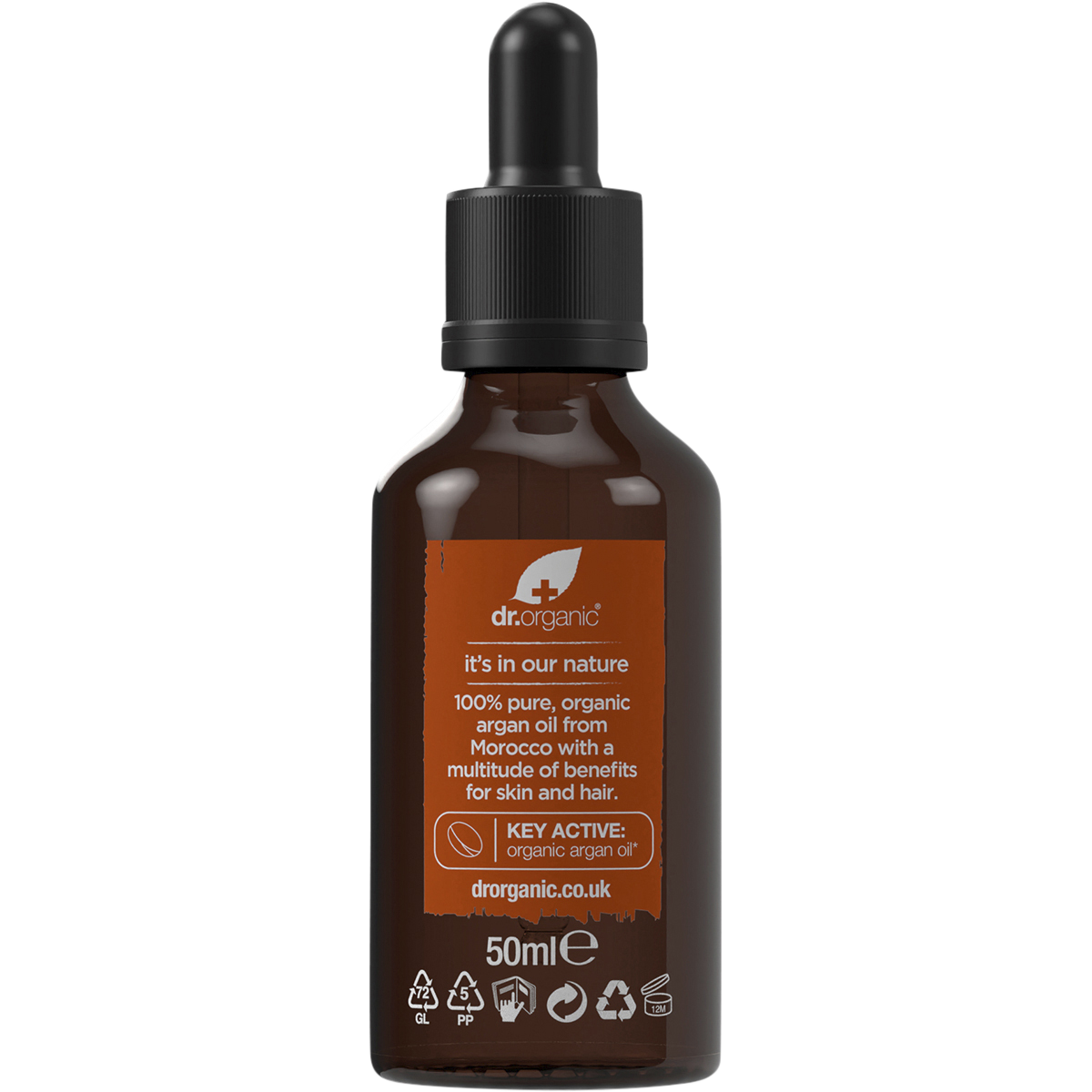 Back of a 50ml Dr Organic Moroccan Argan Oil bottle with directions, ingredients, and a gold and white label.