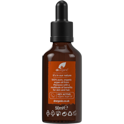 Back of a 50ml Dr Organic Moroccan Argan Oil bottle with directions, ingredients, and a gold and white label.