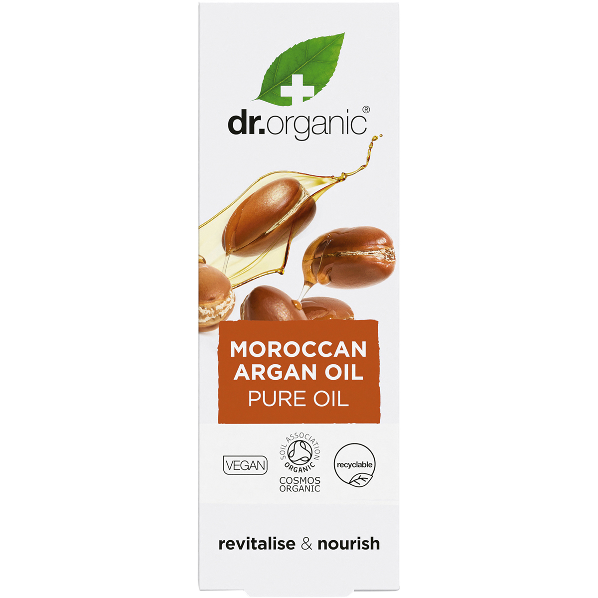 Front of Dr Organic Pure Moroccan Argan Oil 50ml box with white and gold label on a white background.