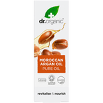 Front of Dr Organic Pure Moroccan Argan Oil 50ml box with white and gold label on a white background.