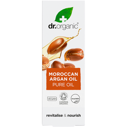 Front of Dr Organic Pure Moroccan Argan Oil 50ml box with white and gold label on a white background.