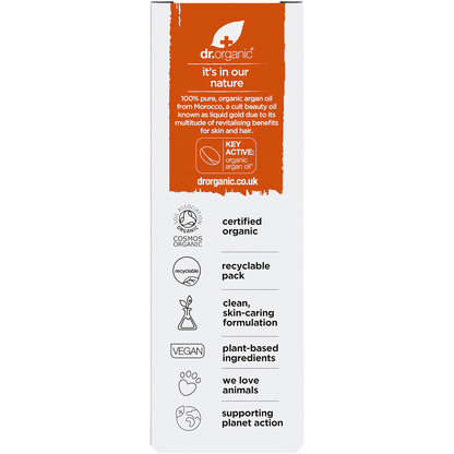 The back of a white box for Dr Organic Pure Moroccan Argan Oil featuring product details and usage instructions.