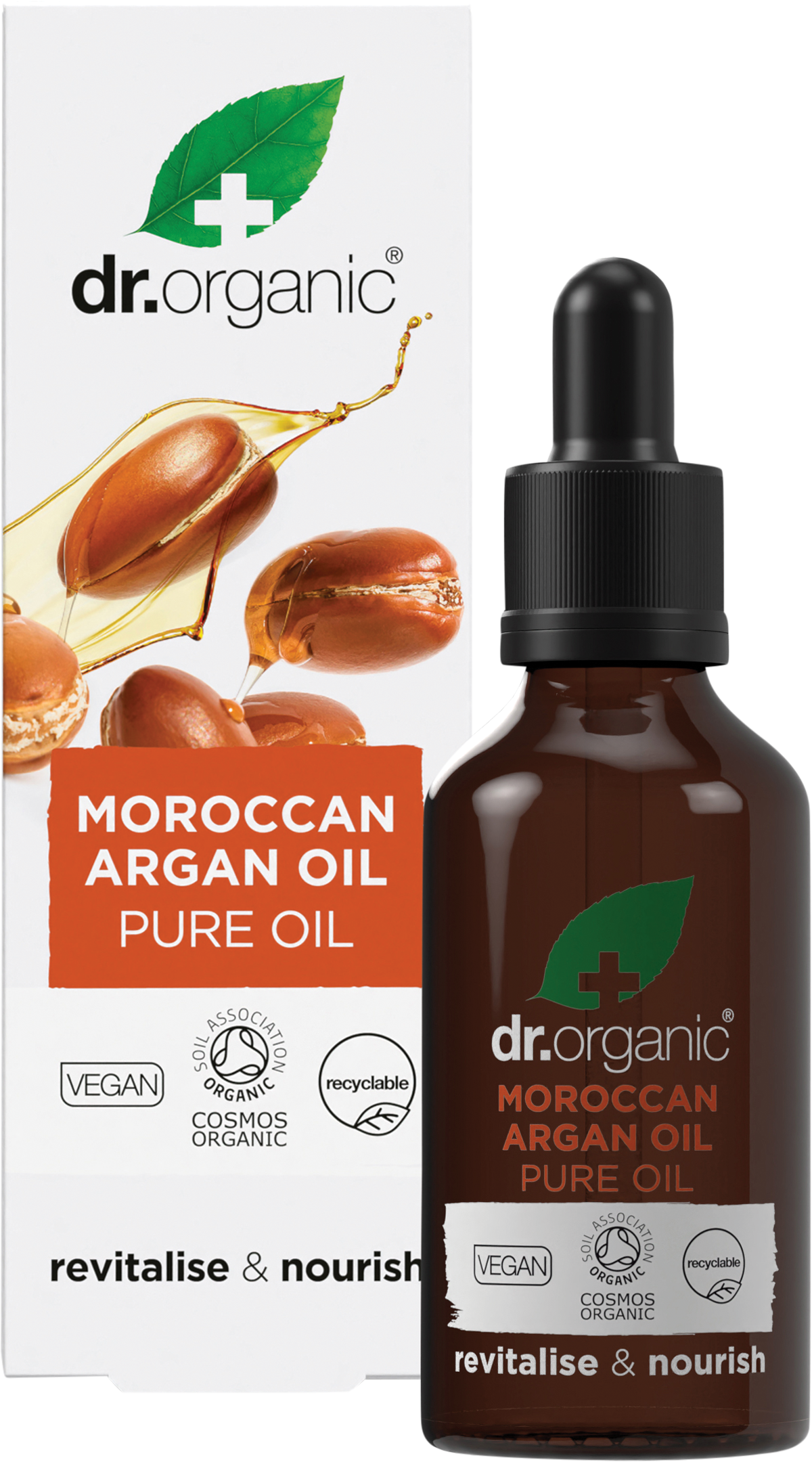 Dr Organic Moroccan Argan Oil 50ml bottle and product box shown together on a white background.