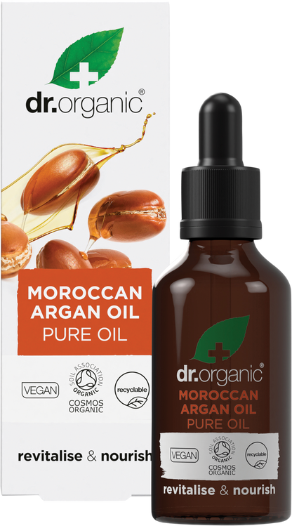 Dr Organic Moroccan Argan Oil 50ml bottle and product box shown together on a white background.