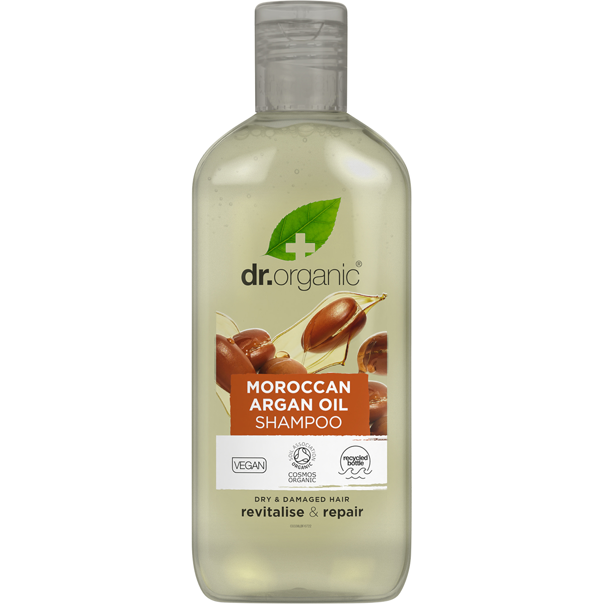 265ml bottle of Dr Organic Moroccan Argan Oil Shampoo on a white background.
