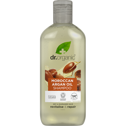 265ml bottle of Dr Organic Moroccan Argan Oil Shampoo on a white background.