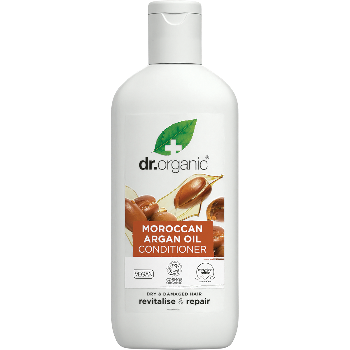 Dr Organic Moroccan Argan Oil Conditioner 265ml bottle featuring a white label with argan nuts and orange illustrations.