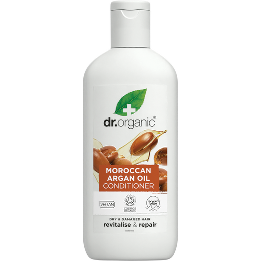 Dr Organic Moroccan Argan Oil Conditioner 265ml bottle featuring a white label with argan nuts and orange illustrations.