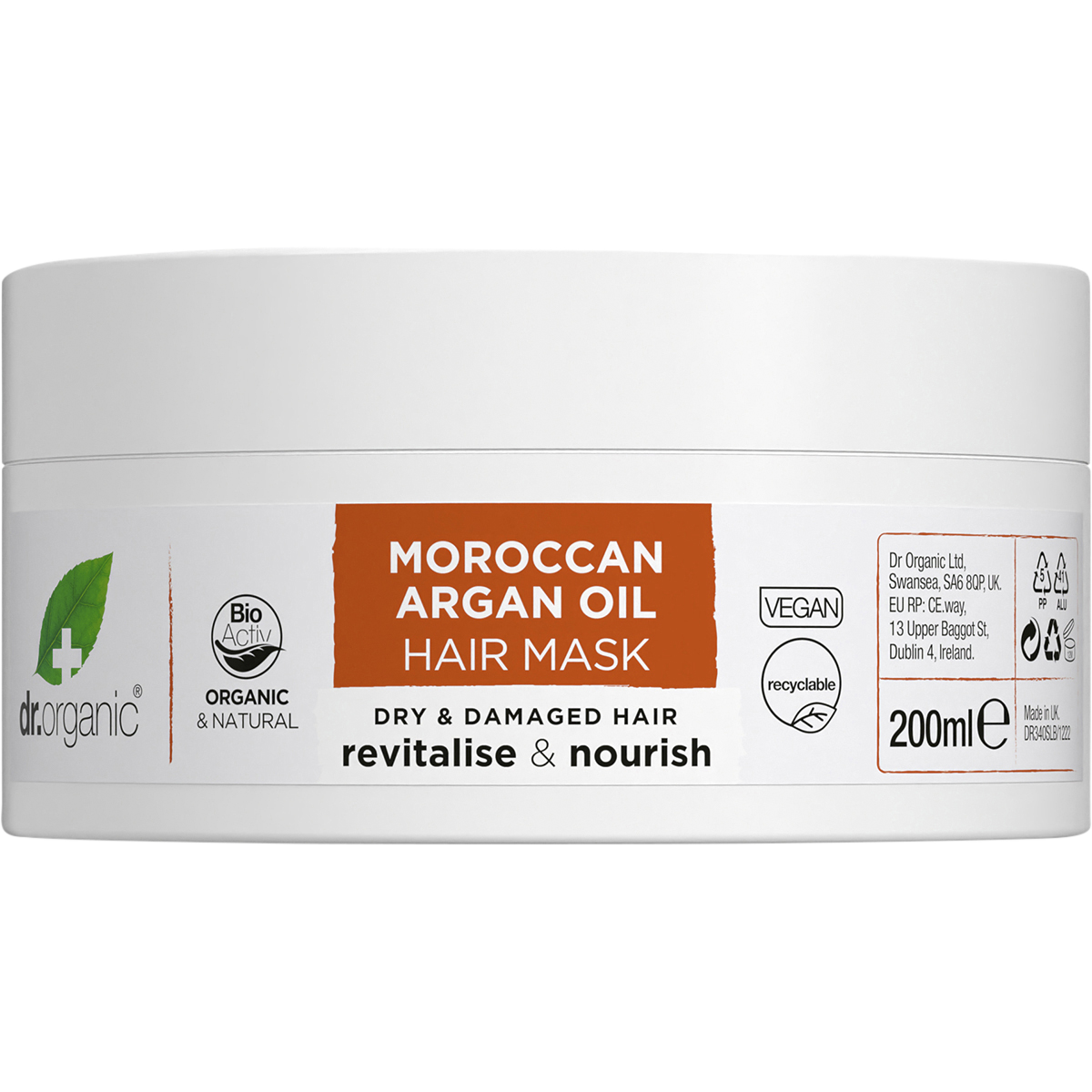 200ml jar of Dr Organic Moroccan Argan Oil Hair Mask for dry and damaged hair on a white background.