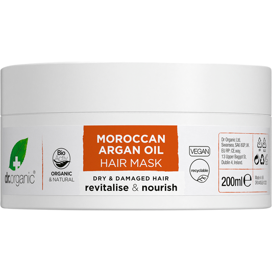 200ml jar of Dr Organic Moroccan Argan Oil Hair Mask for dry and damaged hair on a white background.