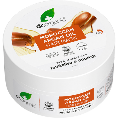 Dr Organic Moroccan Argan Oil Hair Mask 200ml jar featuring a gold and brown label on a white background.
