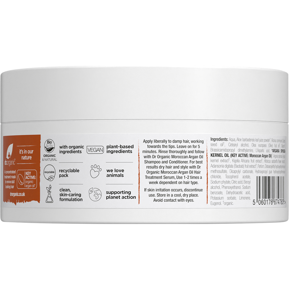Back of Dr Organic Moroccan Argan Oil Hair Mask jar with ingredients, directions, and product information.