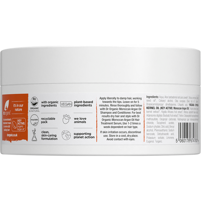 Back of Dr Organic Moroccan Argan Oil Hair Mask jar with ingredients, directions, and product information.