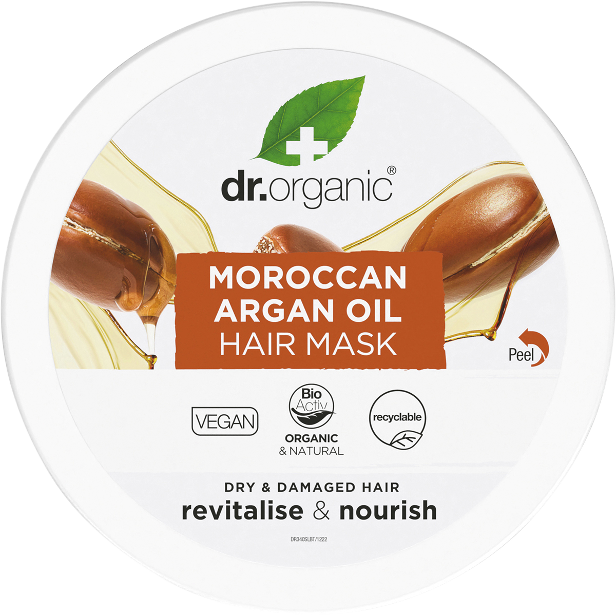 Top view of the Dr Organic Moroccan Argan Oil Hair Mask jar lid on a white background.