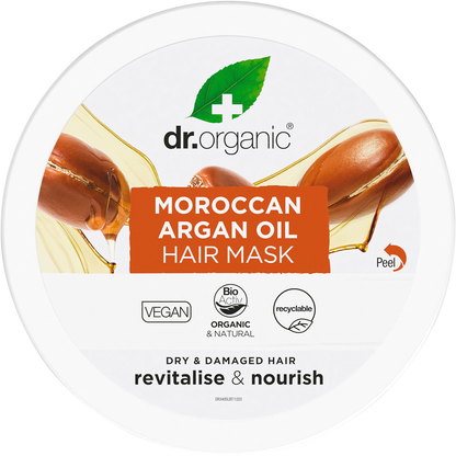 Top view of the Dr Organic Moroccan Argan Oil Hair Mask jar lid on a white background.