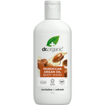 Dr Organic Moroccan Argan Oil Body Wash in a 250ml brown bottle with a white pump and botanical illustrations.