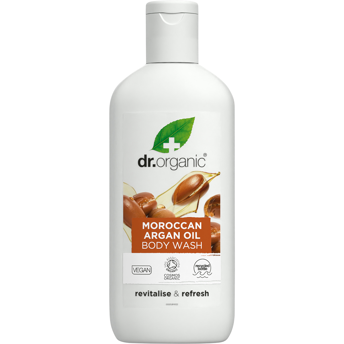 Dr Organic Moroccan Argan Oil Body Wash in a 250ml brown bottle with a white pump and botanical illustrations.