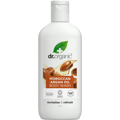 Dr Organic Moroccan Argan Oil Body Wash in a 250ml brown bottle with a white pump and botanical illustrations.