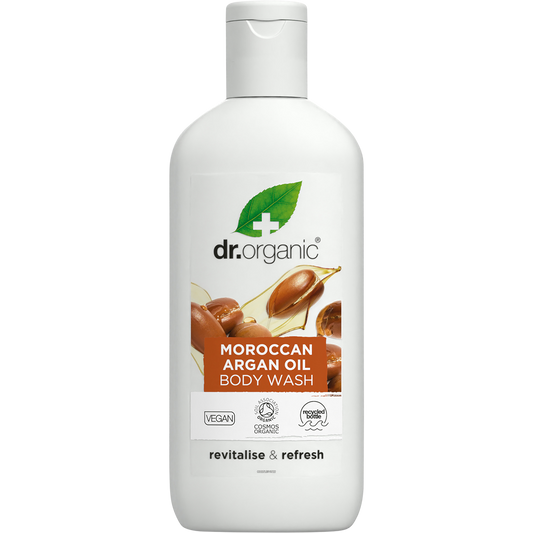 Dr Organic Moroccan Argan Oil Body Wash in a 250ml brown bottle with a white pump and botanical illustrations.