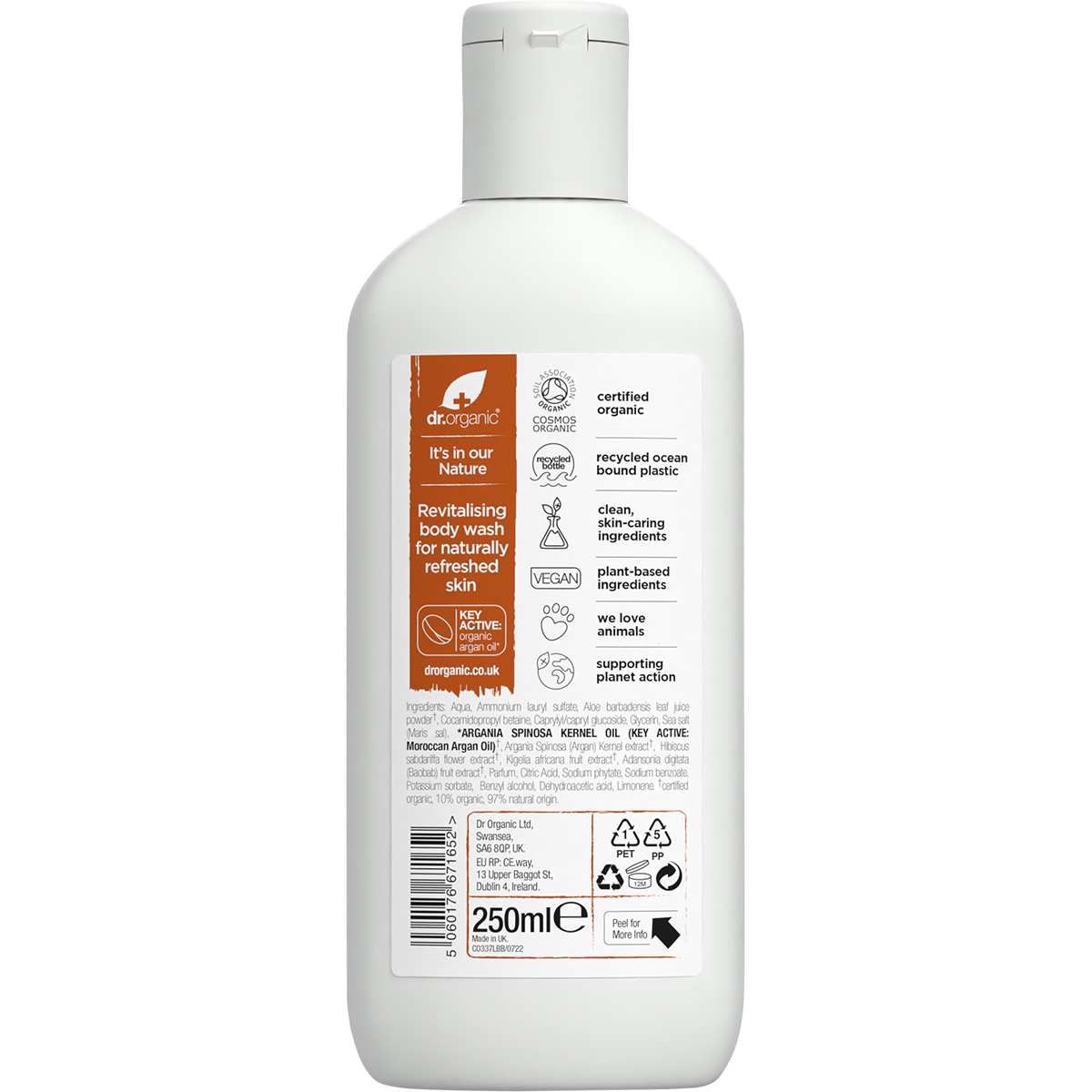 Back view of Dr Organic Moroccan Argan Oil Body Wash 250ml bottle showing product information and ingredients.