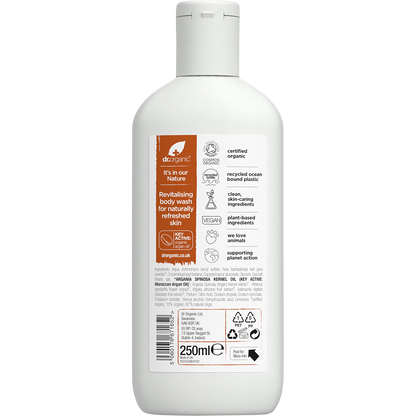 Back view of Dr Organic Moroccan Argan Oil Body Wash 250ml bottle showing product information and ingredients.