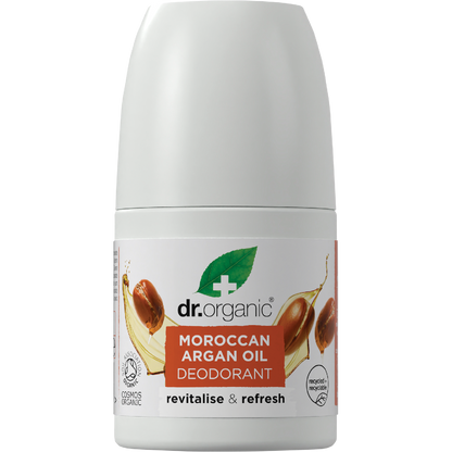 Dr Organic Moroccan Argan Oil 50ml roll-on deodorant bottle with an orange and white label.
