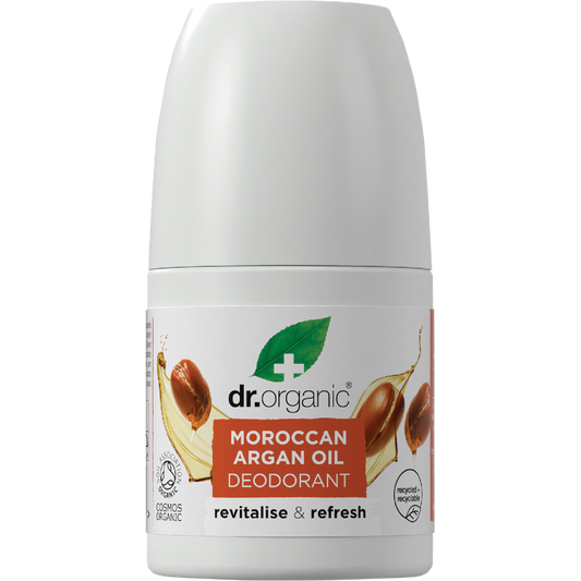 Dr Organic Moroccan Argan Oil 50ml roll-on deodorant bottle with an orange and white label.