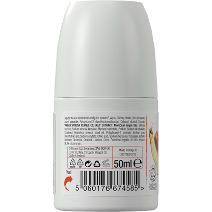 Back label of Dr Organic Moroccan Argan Oil 50ml roll-on deodorant bottle showing ingredients and usage.