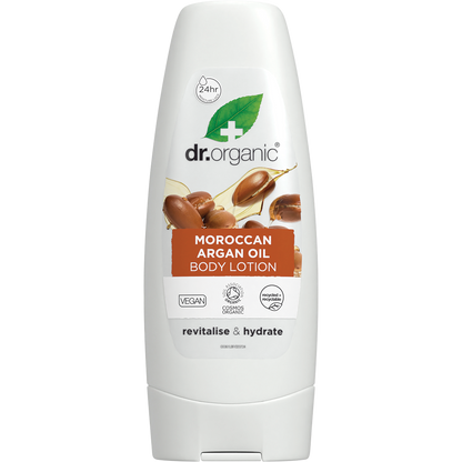 Dr Organic Moroccan Argan Oil Body Lotion in a 200ml white tube with a gold and brown label.