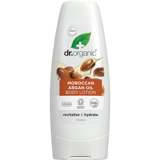 Dr Organic Moroccan Argan Oil Body Lotion in a 200ml white tube with a gold and brown label.