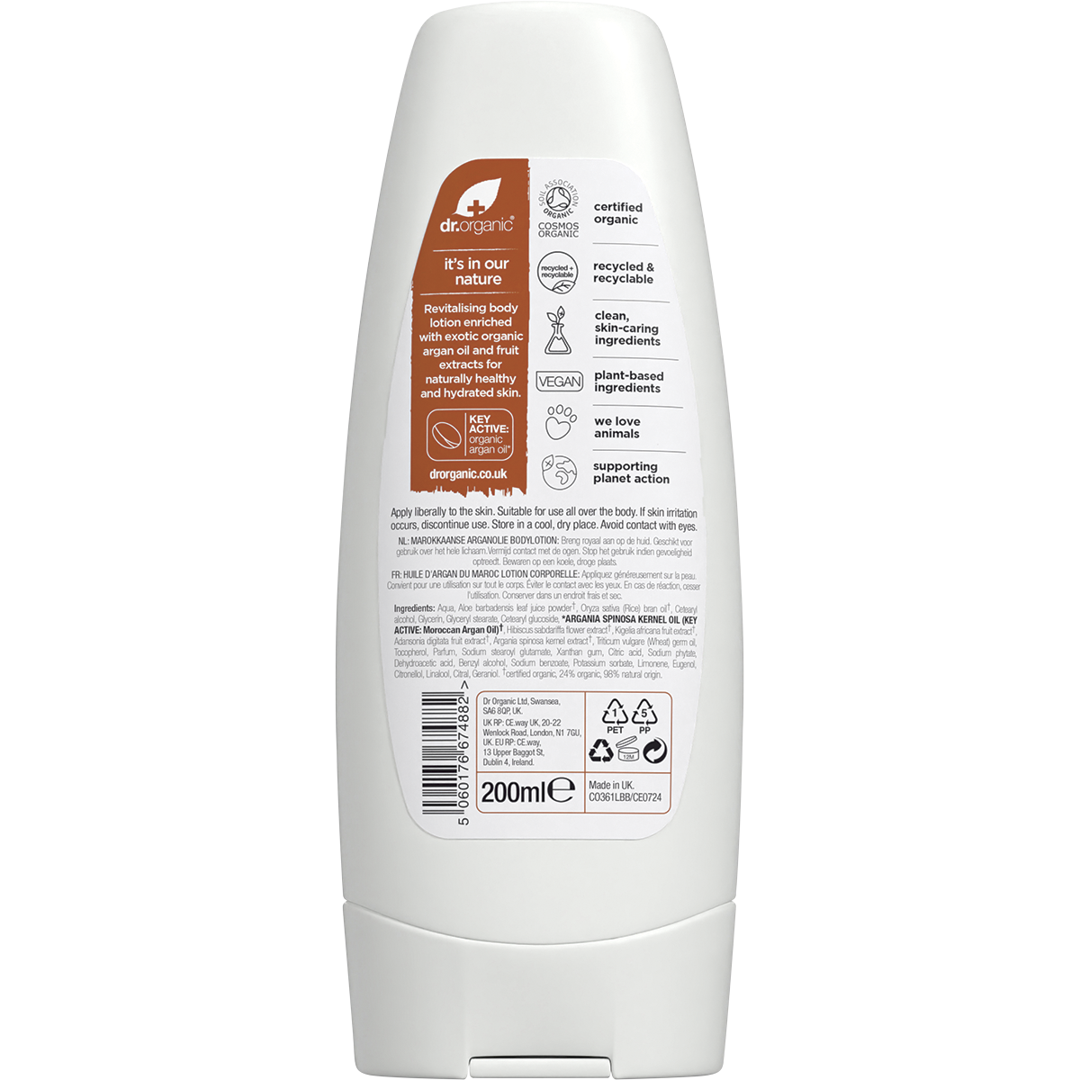 Back of a 200ml white tube of Dr Organic Moroccan Argan Oil Body Lotion with detailed product information.