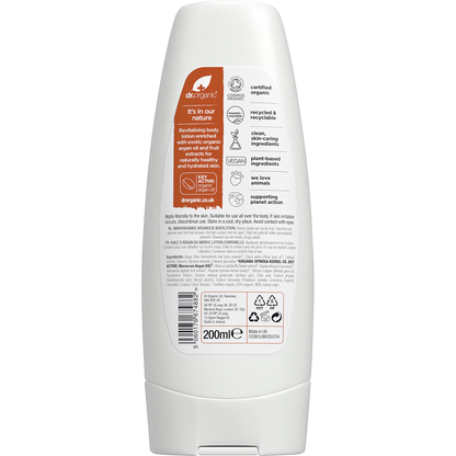 Back of a 200ml white tube of Dr Organic Moroccan Argan Oil Body Lotion with detailed product information.