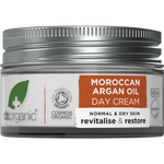 50ml glass jar of Dr Organic Moroccan Argan Oil Day Cream with a white lid and a separate product box.